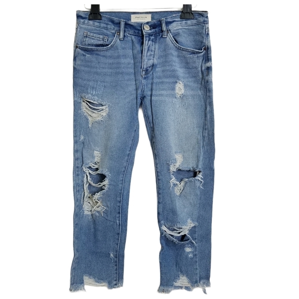 Pacsun Light Wash Distressed Destroyed Boyfriend Button Fly Raw Hem Crop Jean 25